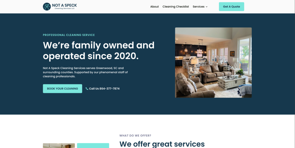 Not A Speck Cleaning Services website